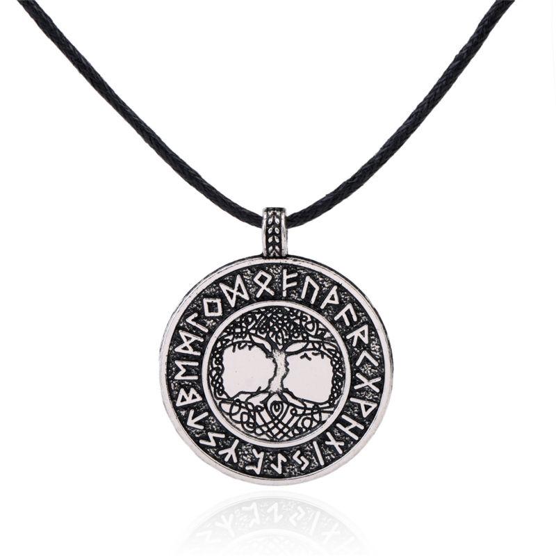 Teamer Wicca Round Necklace Men Norse Viking Runes Tree of Life Seal Pendants Wax Cord Link Chain Men's Necklace Jewelry Gifts