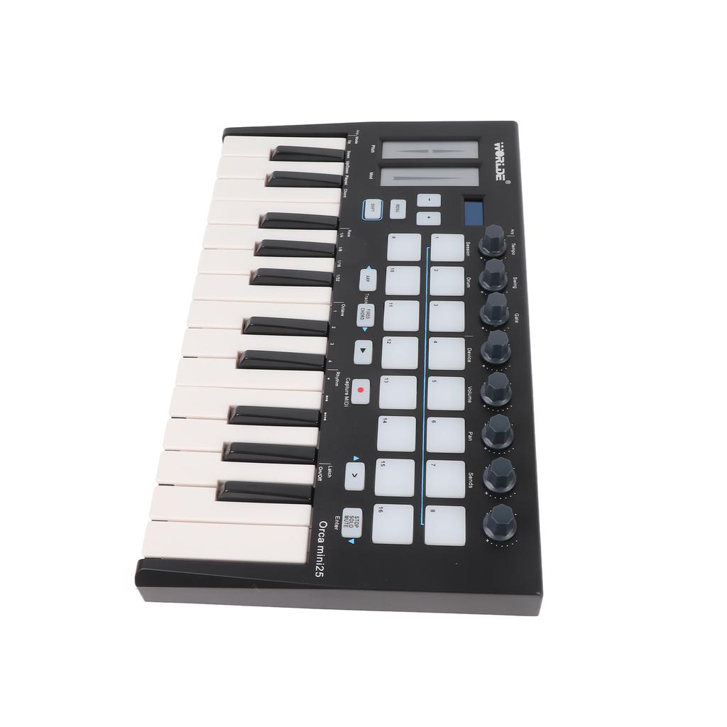 Portable 25 Key USB MIDI Keyboard Controller with 16 RGB Backlit Trigger Pads 8 Assignable Control Knobs