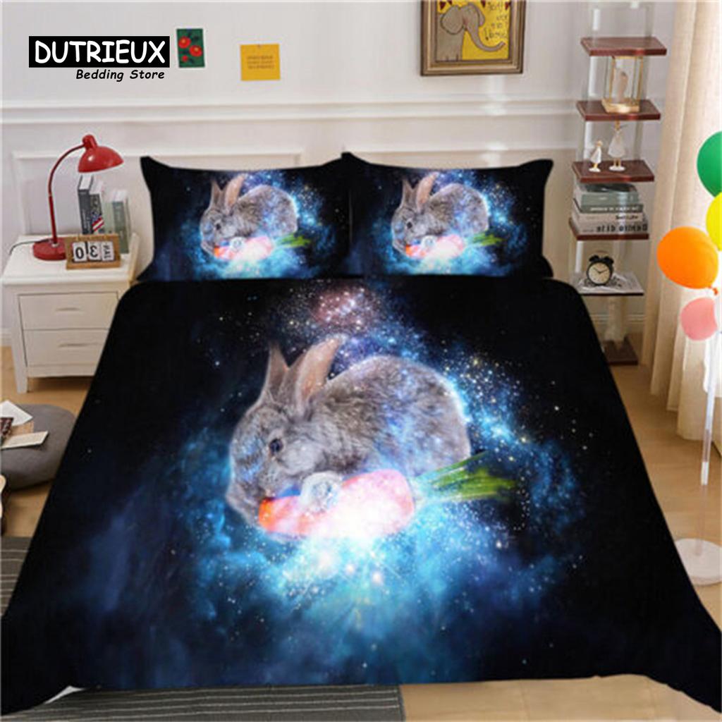 Bunnies Duvet Cover Mushroom Floral Bedding Set Cute Animal Rabbit Quilt Cover Twin Size Greetings and Presents for Easter Day