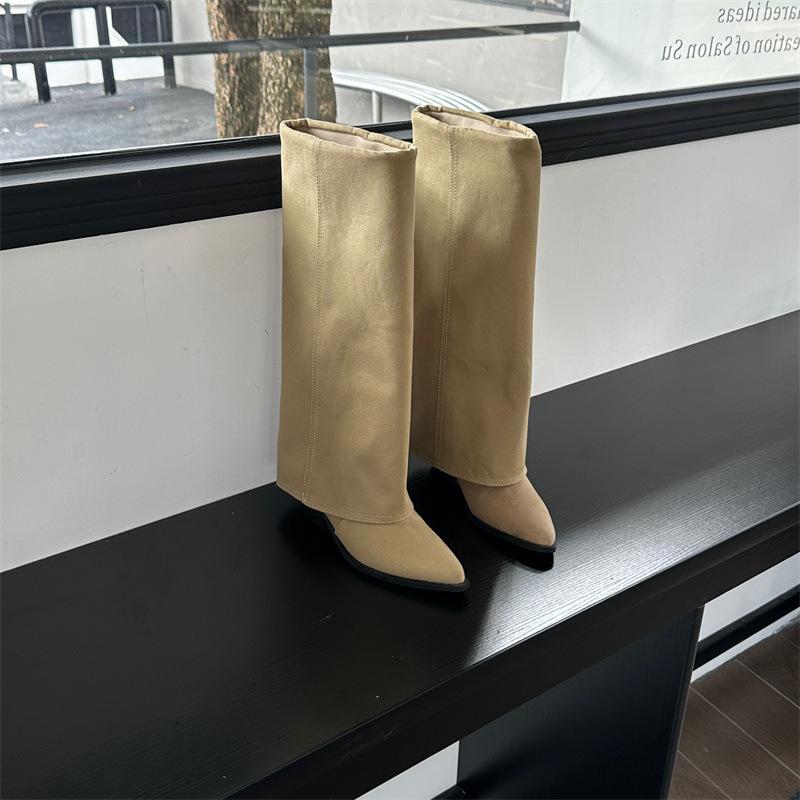 

2025 autumn and winter pointed trouser boots new simple and versatile thick heel high boots 39 хаки
