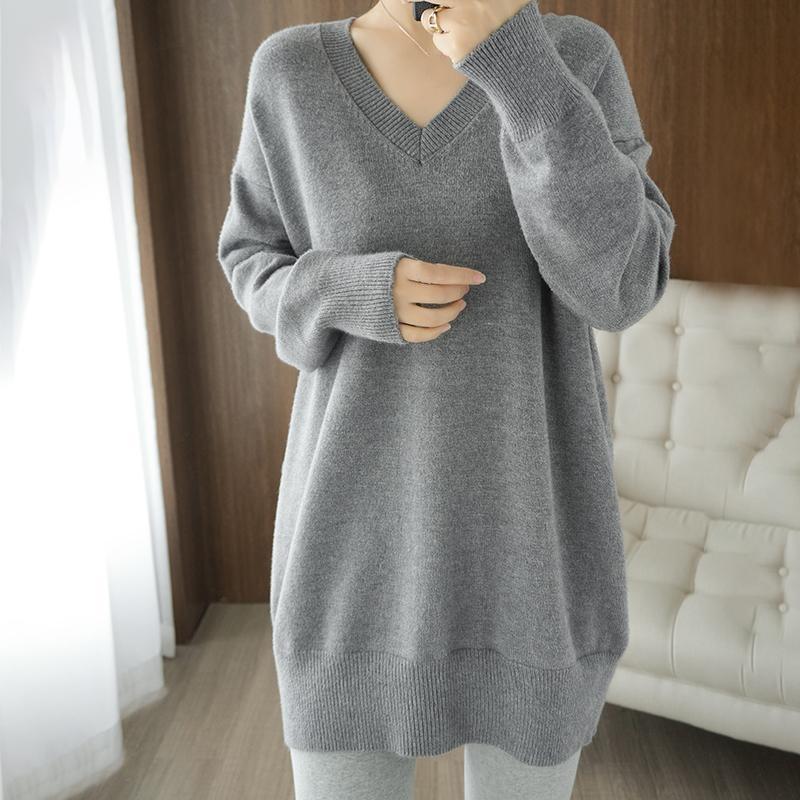Autumn and Winter Plus Size Sweater Jacket Loose Mid-length Design V-neck Knit
