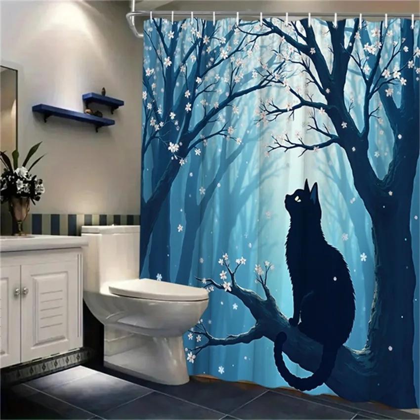 Mystical Night Forest Cat Shower Curtain - Water-Resistant, Easy to Clean, Adds a Magical and Serene Touch toYour Bathroom Decor