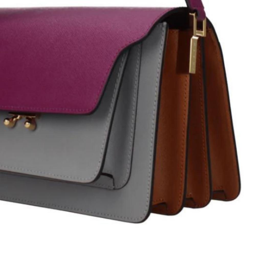 Marni Trunk Color Block Flap Kiss Lock Leather Shoulder Bag Medium Women Shoulder Bag Gray Purple SBMPN09U75-LV520-Z563N