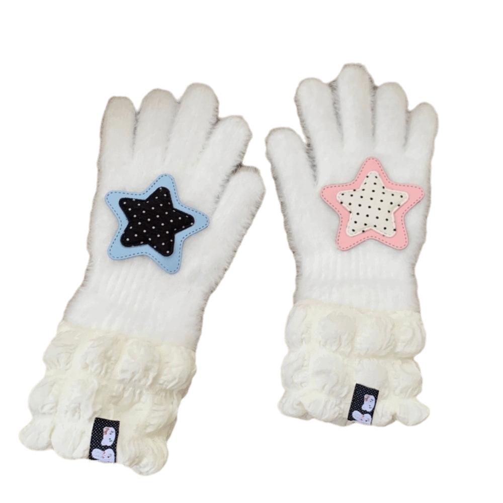 Star Bear Patch Design Full Finger Gloves Thick Plush Winter Gloves  Cold Weather
