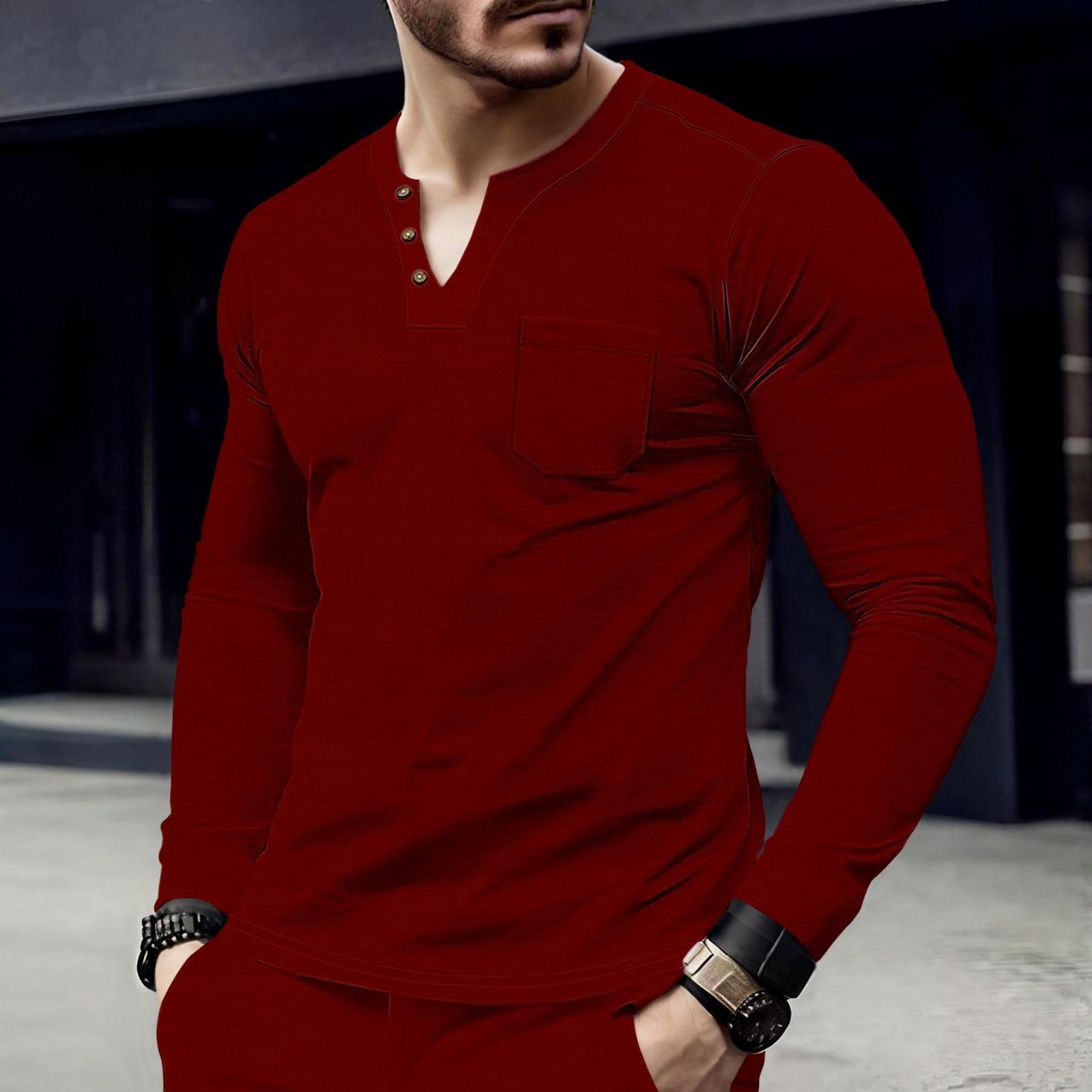 Men s Casual Solid-color Top, Men s Long-sleeved Button Pocket V-neck Top M винный