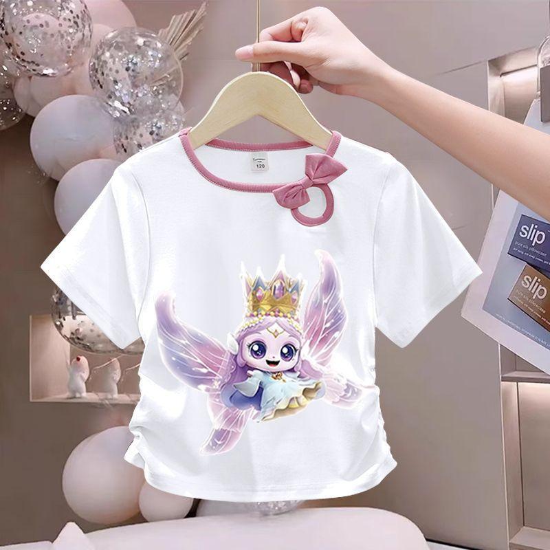 Girls' Cute Bowtie Top for Summer Children's Fashionable Round-neck Short-sleeved Pure Cotton T-shirt