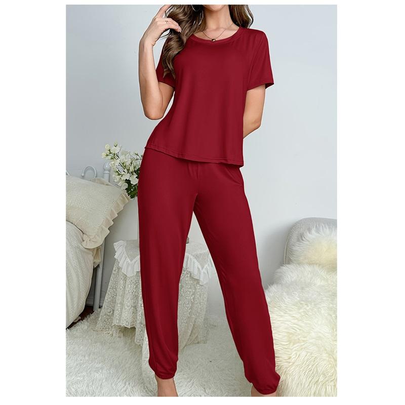 

Пижамный костюм классический женский однотонный молочный шелк с короткими рукавами и круглым вырезом футболка брюки костюм XL красный