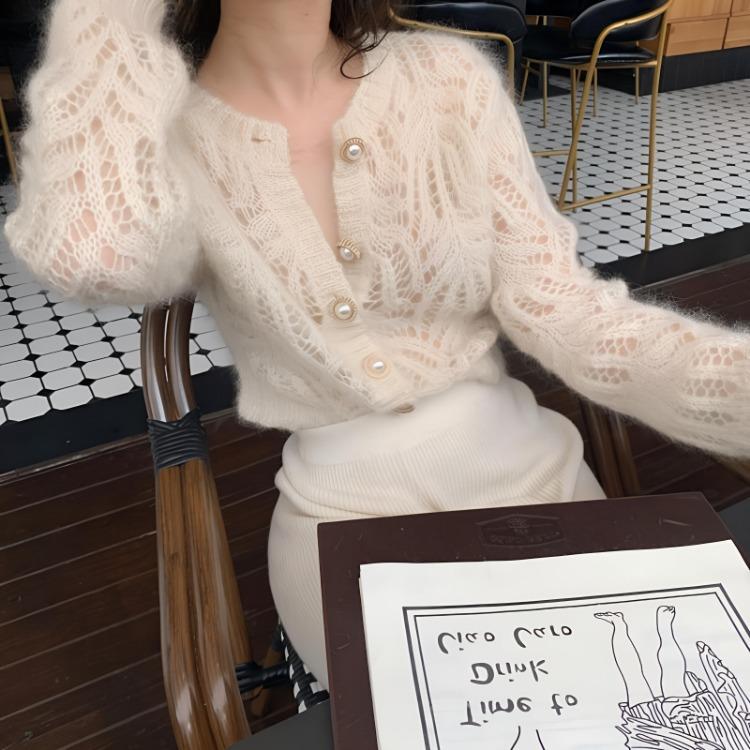 

Vintage Elegant Women Knitted Hollow Out Cardigan Long Sleeve Sweater Fashion Female Autumn Winter One Size слонова кістка