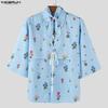 INCERUN Men Lapel Neck Short Sleeve Floral Print Lace-up Casual Hawaiian Summer Shirts