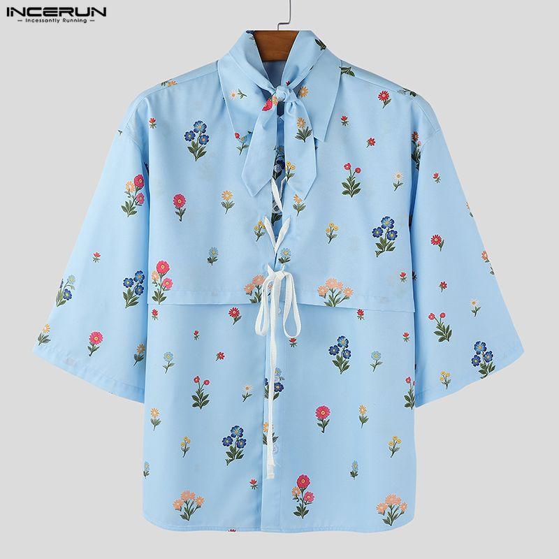 INCERUN Men Lapel Neck Short Sleeve Floral Print Lace-up Casual Hawaiian Summer Shirts