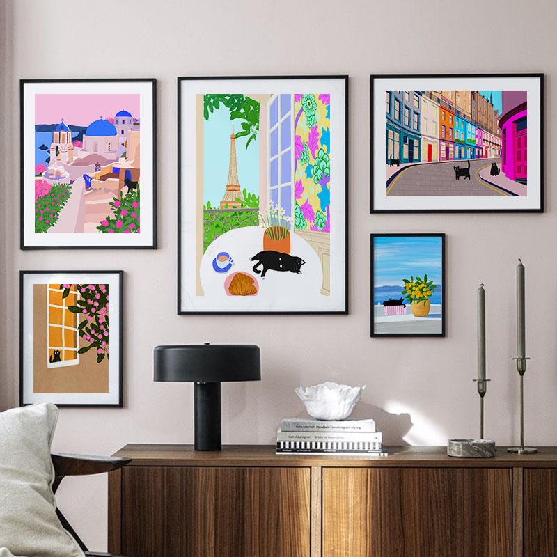 Santorini Rome Paris Cat Flower Summer Abstract Landscape Posters Prints Wall Art Canvas Painting Pictures For Living Room Decor
