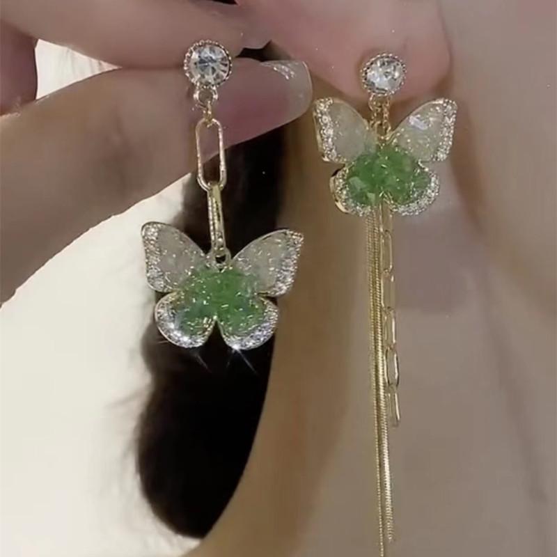 Advanced Design Asymmetrical Butterfly Tassel Earrings with Temperament and Personality AB Style Earrings and Earrings