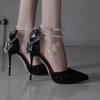 Silver High-heeled Wedding Shoes Women's Thin Heels 2025 New Pointed Rhinestone Bow Two-wear Beaded Chain Single Shoes