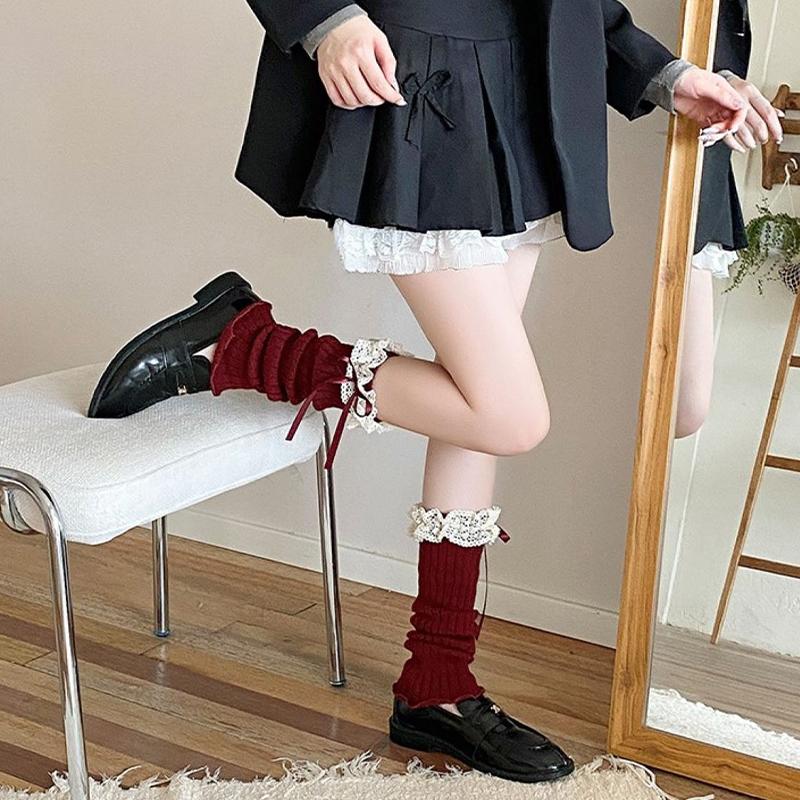 Lace-Trimmed Bow-Tie Knee-High Socks Fashionable Jk Socks Versatile And Slimming Slouch Socks