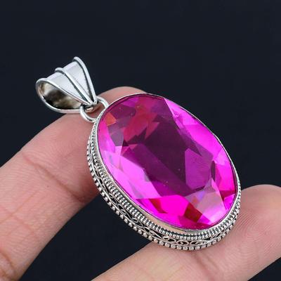 Pink Topaz Gemstone Pendant Solid 925 Sterling Silver Pendant Jewelry Gift For Unisex