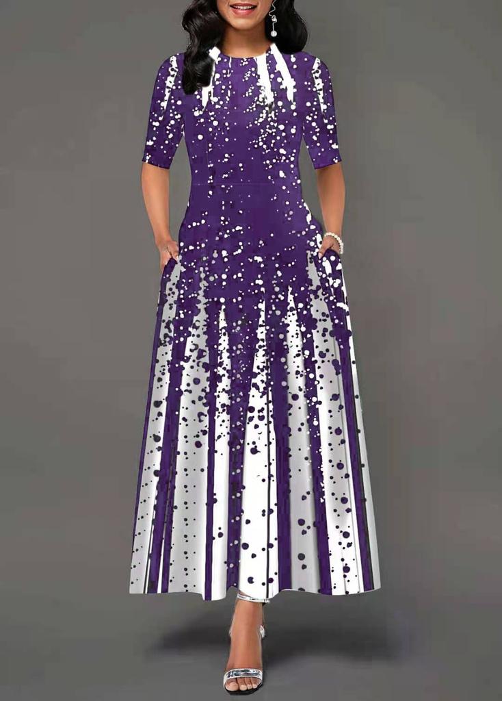 New women's clothing, fashion personality gradual change positioning printing round neck middle sleeve big swing dress
