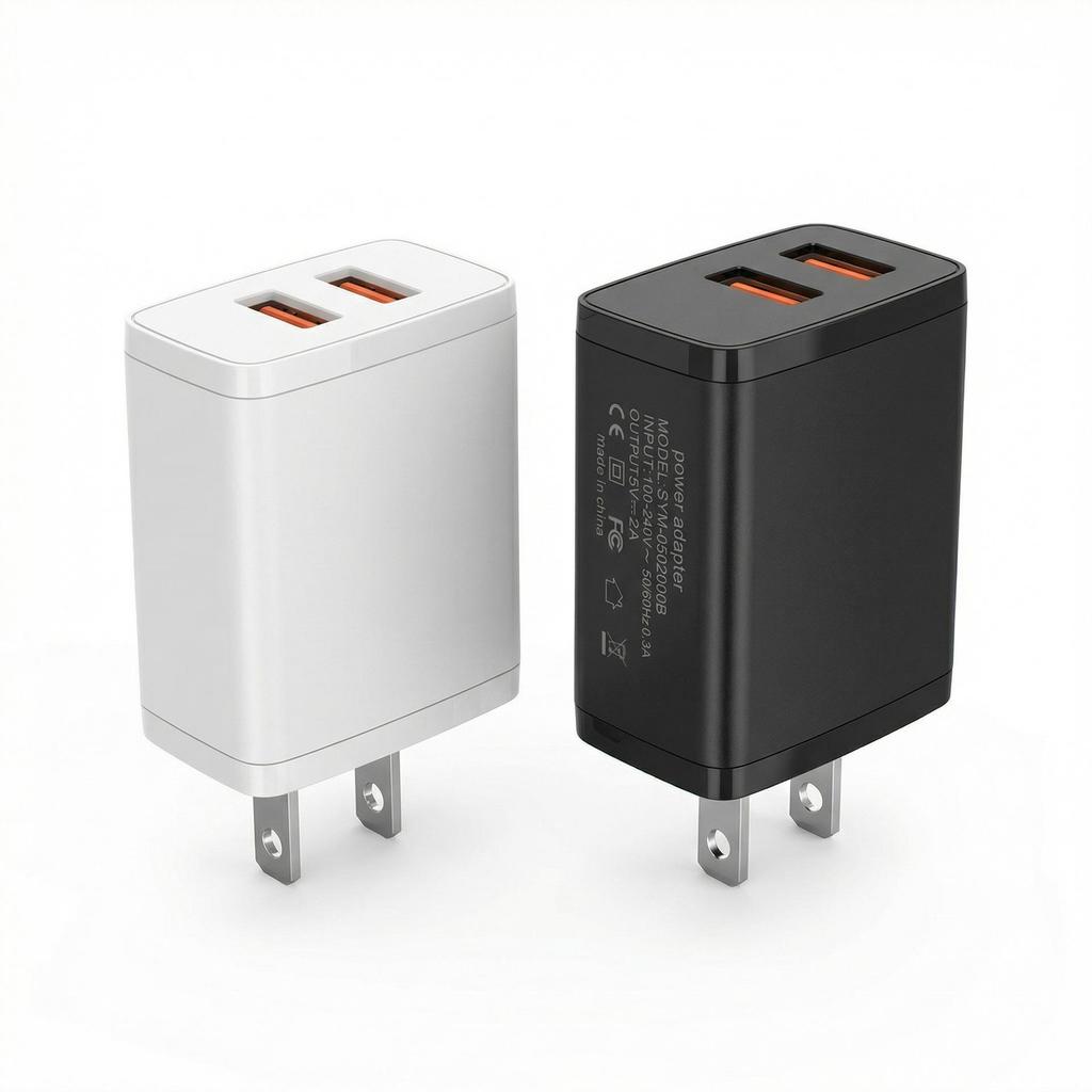 Dual Port USB Phone Charger 5V2A, US & EU Standard, FCC & 3C Certified