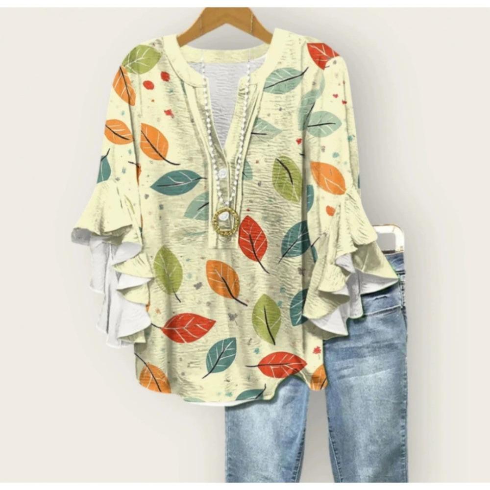 Large Women's Bohemian V-neck Shirt with Ruffle Sleeves, Grey Brown Floral Print Top, Casual Breathable Machine Washable Pullover
