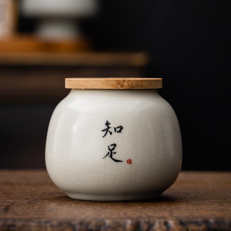 Ru Kiln Calligraphy Tea Canister Ceramic Mini Small Sealed Jar Pu'er Red Green Tea Storage Tea Powder Canister Dried Fruit Moist