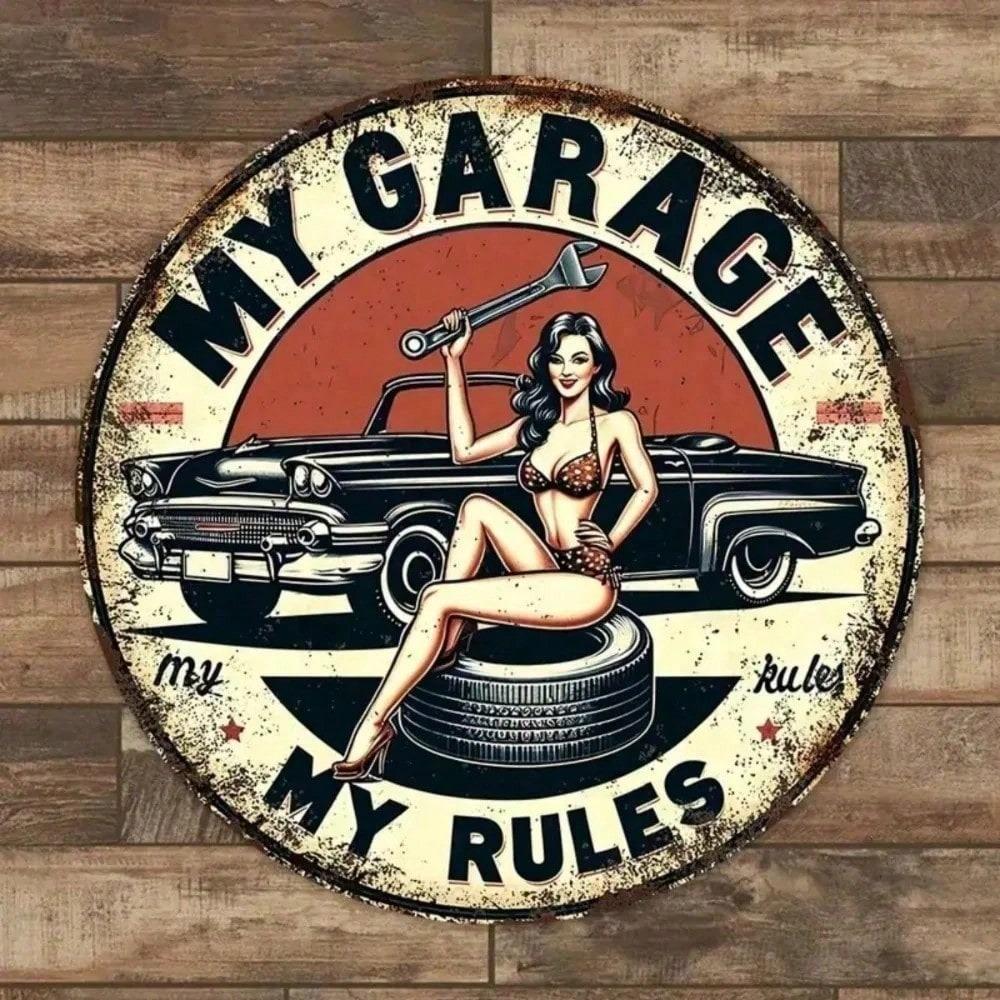 Vintage Retro Garage Metal Sign 2D Wall Decor Man Cave Art 8x8 Inch Circle Tin Plate Home Bar Workshop