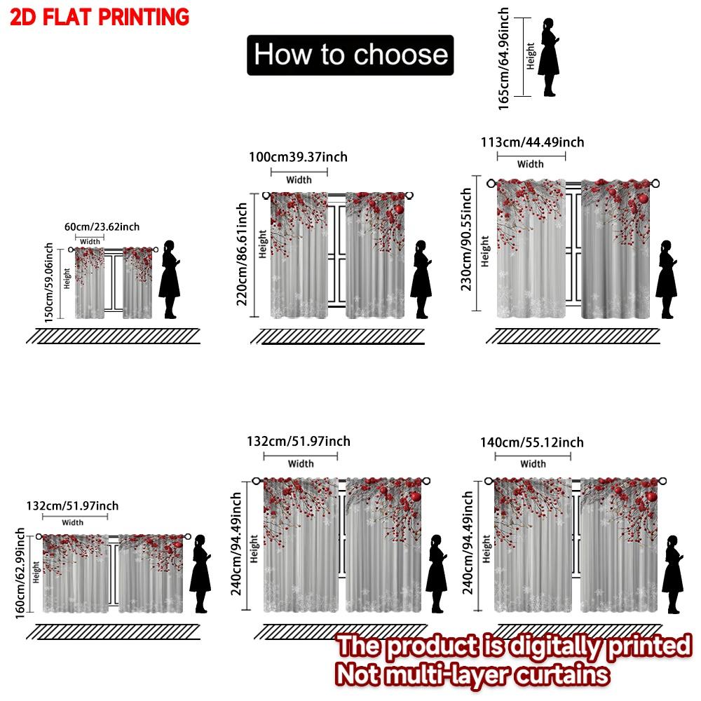 2D Flat Printing 2pcs Merry Christmas Trendy Curtains Christmas Red Berries Snowflakes Digital Printed Polyester Drapes Holiday