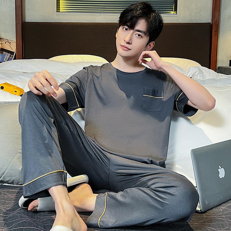 Modal Men's Homewear Pajamas O-neck Short Sleeve Long Pant Soft Smooth Elastic Comfortable Sleepwear