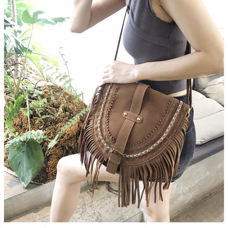 Tassel Bag Brown Retro Western Denim Bag Niche Ethnic Bohemian Messenger Bag Women's Trendy Shoulder Bag