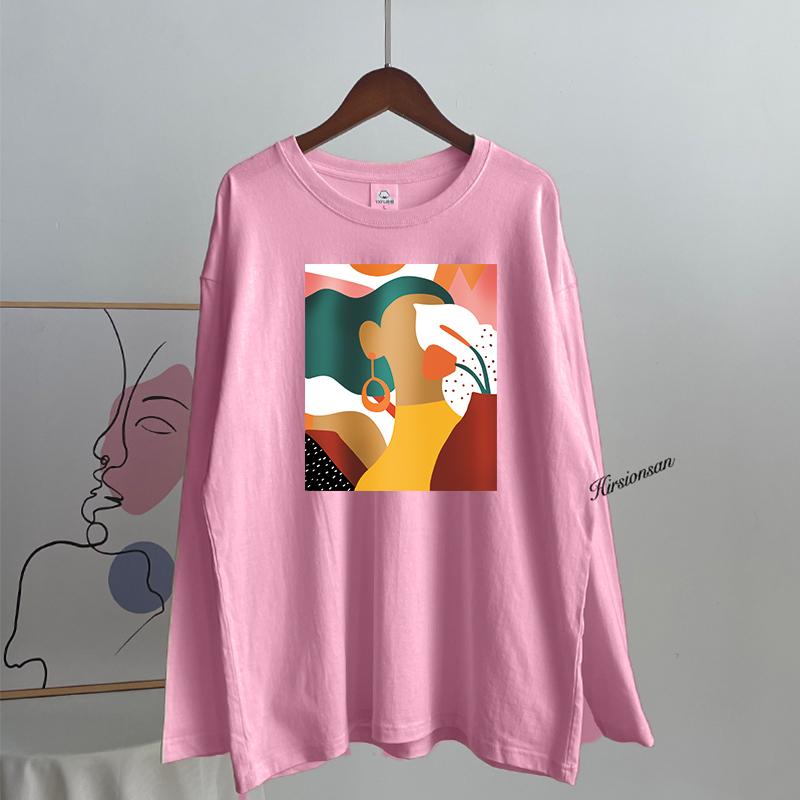 Hirsionsan Vintage Printed Long Sleeve T-shirt Women Loose 100% Cotton O-neck Tees Female Chic Aesthetic Graphic Pullover 2023