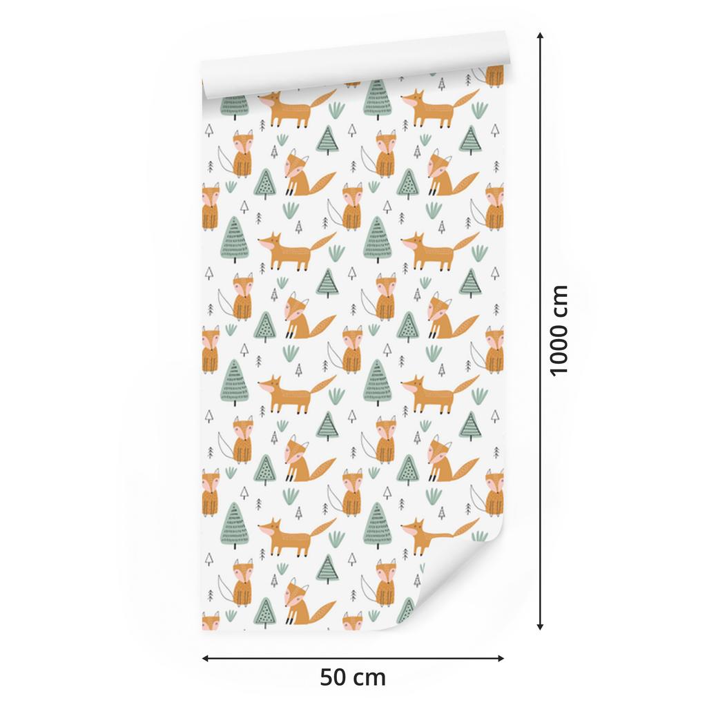 Foxes and trees wallpaper in Scandinavian style for living room and bedroom 50x1000