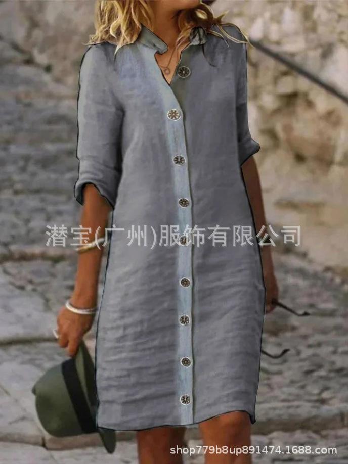 New European and American women's clothing spring and summer shirt collar large round button pure cotton cotton and linen dress
