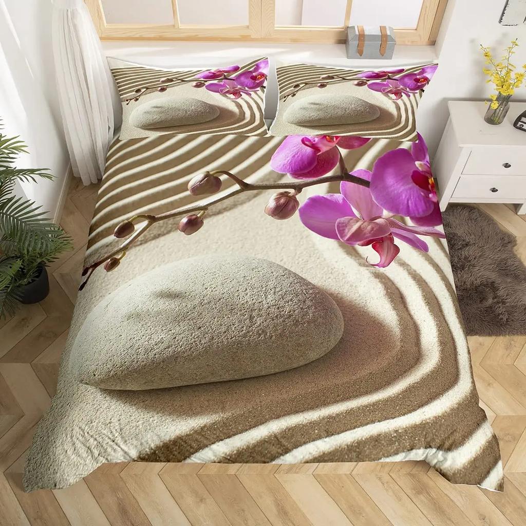 Zen Duvet Cover Set Sandy Beach Meditation Bedding Set Zen Stones Comforter Cover Tranquil Nature Artwork Quilt Cover Full Size
