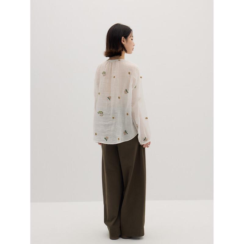 KOMPASU 100% Ramie Dandelion Embroidered Long Sleeve Blouse