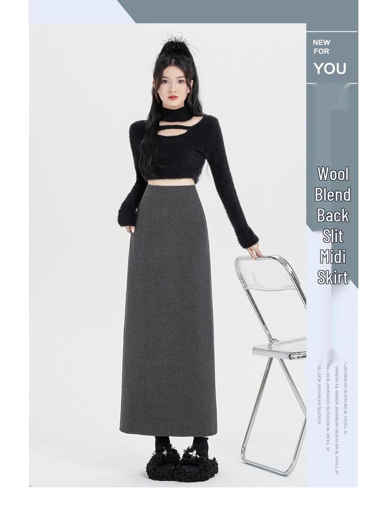 Women's Cashmere Wool Blend Midi Skirt - 2025 Autumn/Winter, Hip-Hugging A-Line with Back Vent
