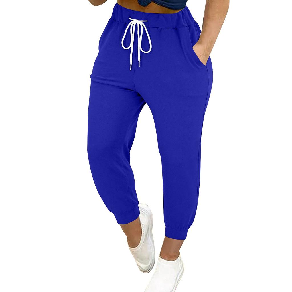 Women's Color Loose Slimming Running Fitness Pants High Waist Lace-up Small Foot Pocket Pant Pant