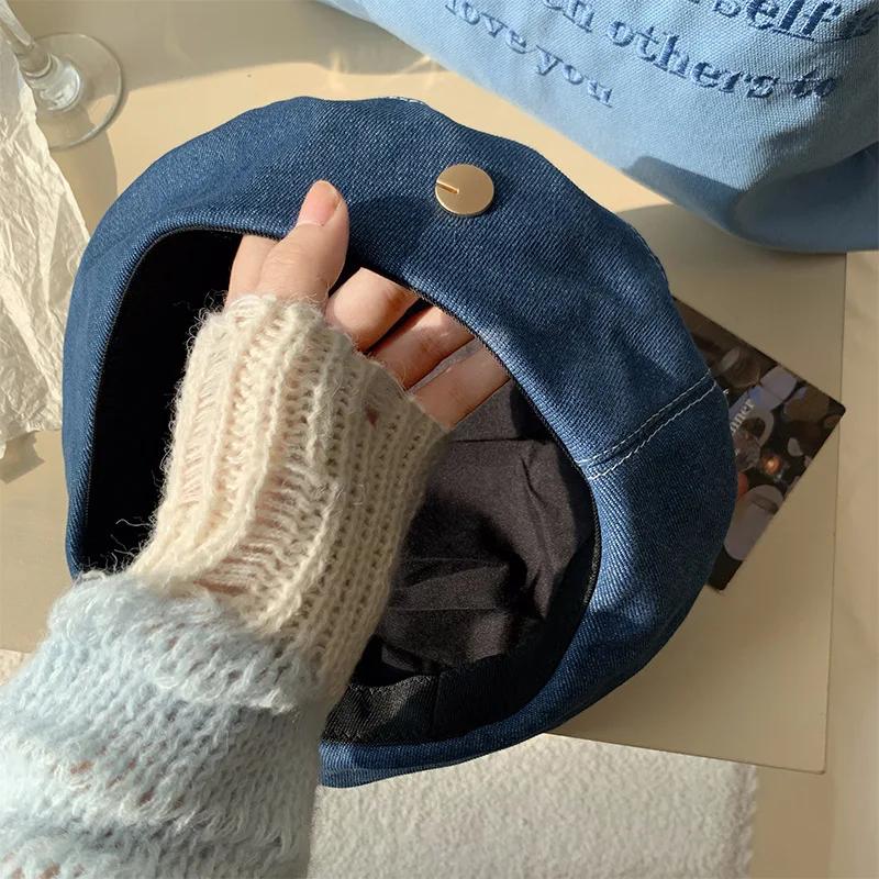 

Женский ретро джинсовый берет шляпа JK корейский однотонный берет газетчика для леди девушки уличный солнцезащитный восьмиугольный шляпа художника 56-58cm