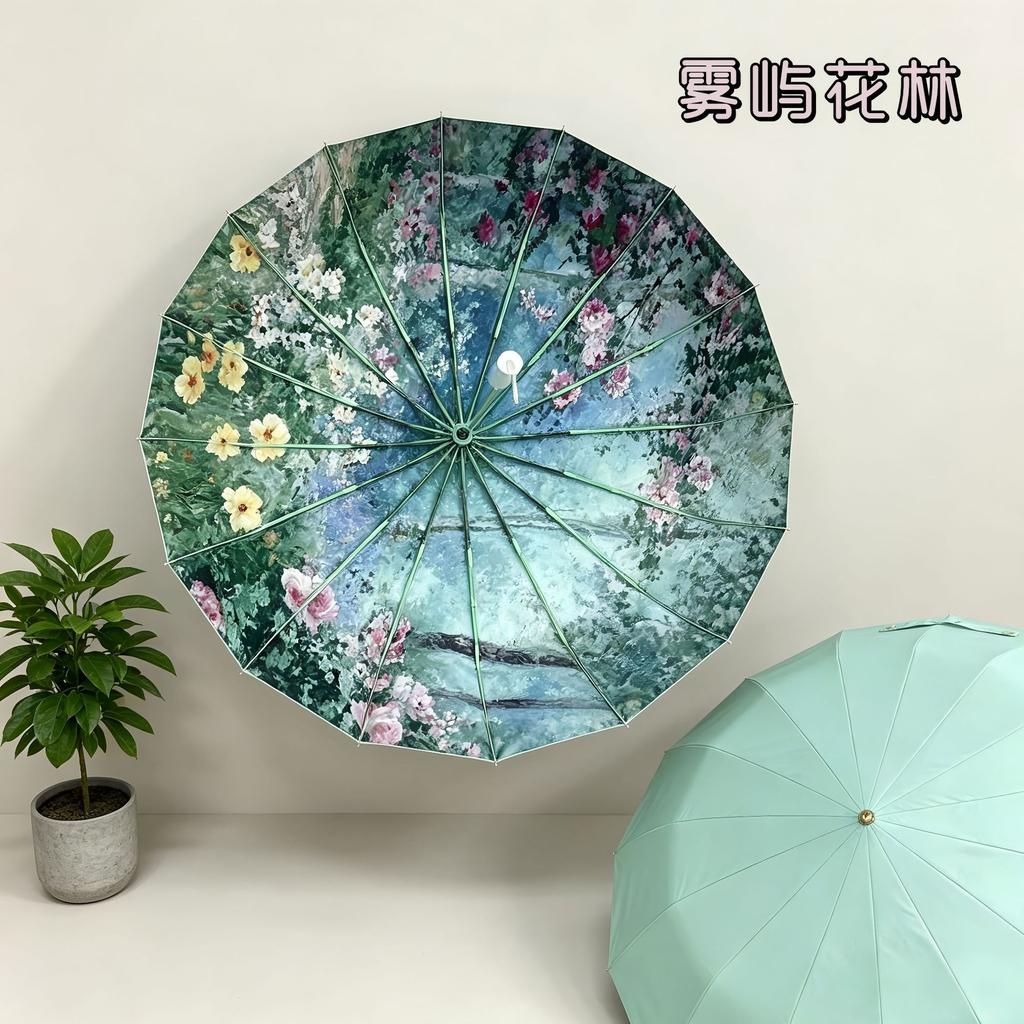 Spot New 11-bone Three-fold Automatic Parasol Color Glue Fabric Digital Printing Anti-ultraviolet Oil Painting Umbrella