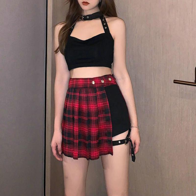 Gothic Skirt Punk Tie Half Skirt Plaid Pleated Skirt Trendy Irregular Short Skirt Gift for Girls Women