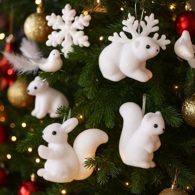 White Christmas Tree Pendant Polar Bear Flocking Christmas Bear Ornaments Bird Squirrel Simulation Xmas Tree Pendant