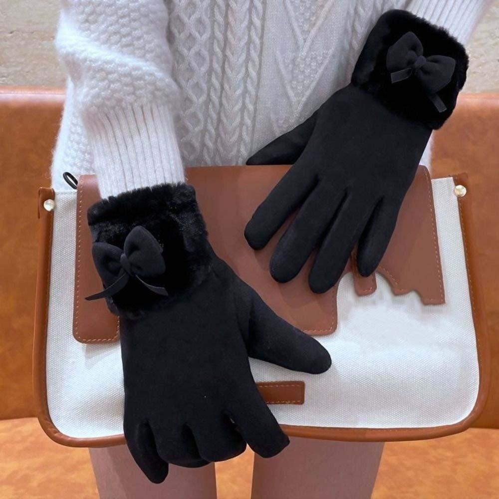 Soft Women Anti-cold Gloves Bow Windproof Finger Mittens All-Match Thickened Suede Gloves  Cycling