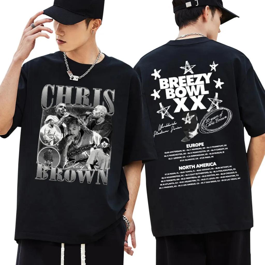 Rapper Chris Brown Breezy Bowl XX Tour T-Shirt Hip Hop Mode Herren T-Shirts Übergroß Baumwolle Hipster T-Shirt Streetwear