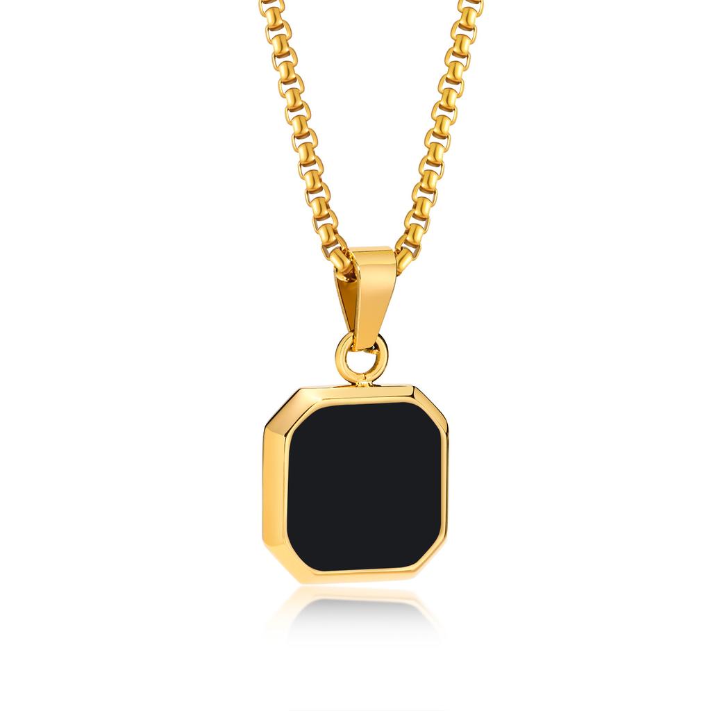 Vnox Mens Necklaces, Geometric Square Natural Stone Shell Pendant, Black Gold Color Stainless Steel Collar