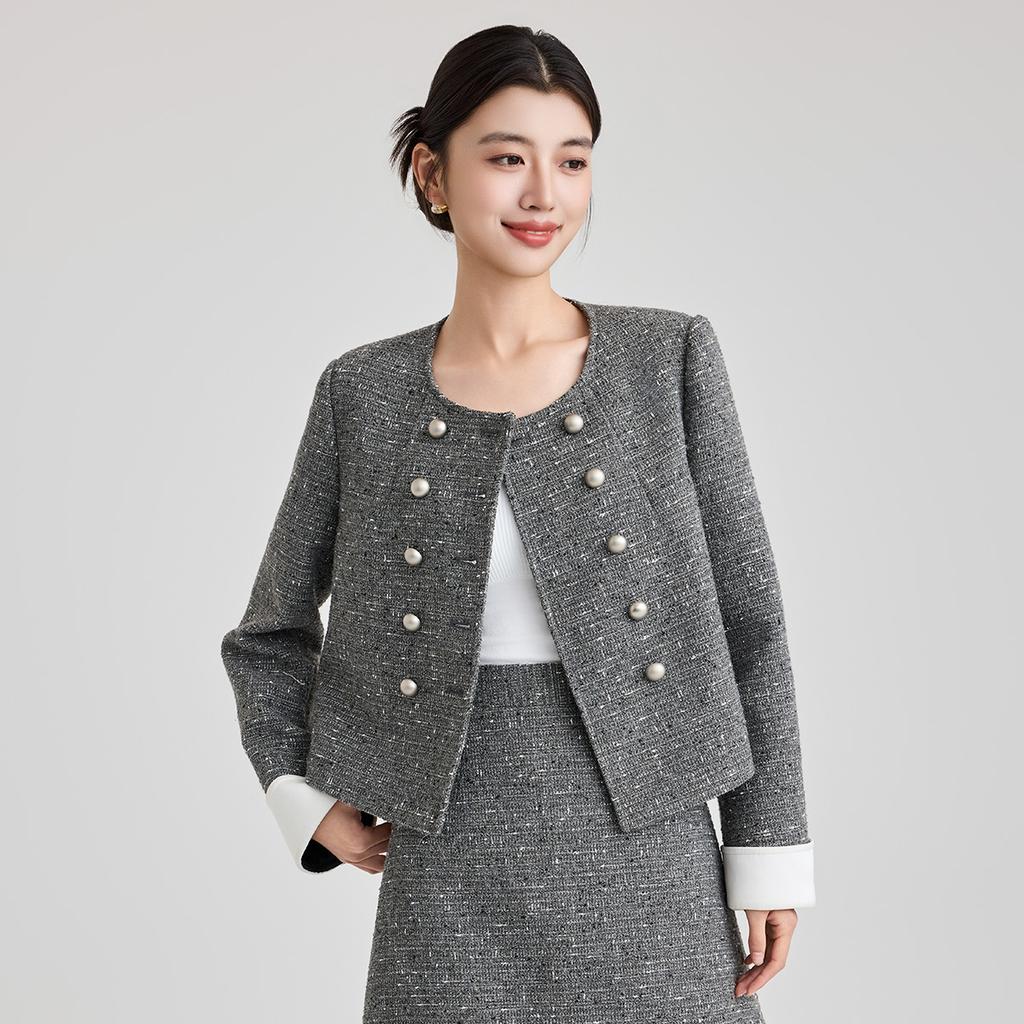 Xiaoxiangfeng coarse woolen elegant short jacket for women in the spring of 2025, with a high-end and casual feel