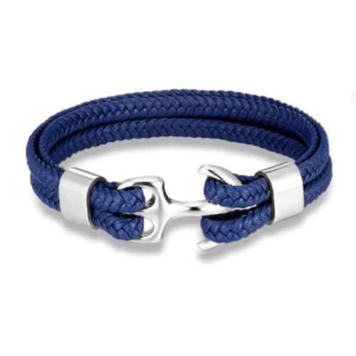 Men Titanium Steel Bracelet Black Cowhide Woven Anchor Leather Rope Bracelet