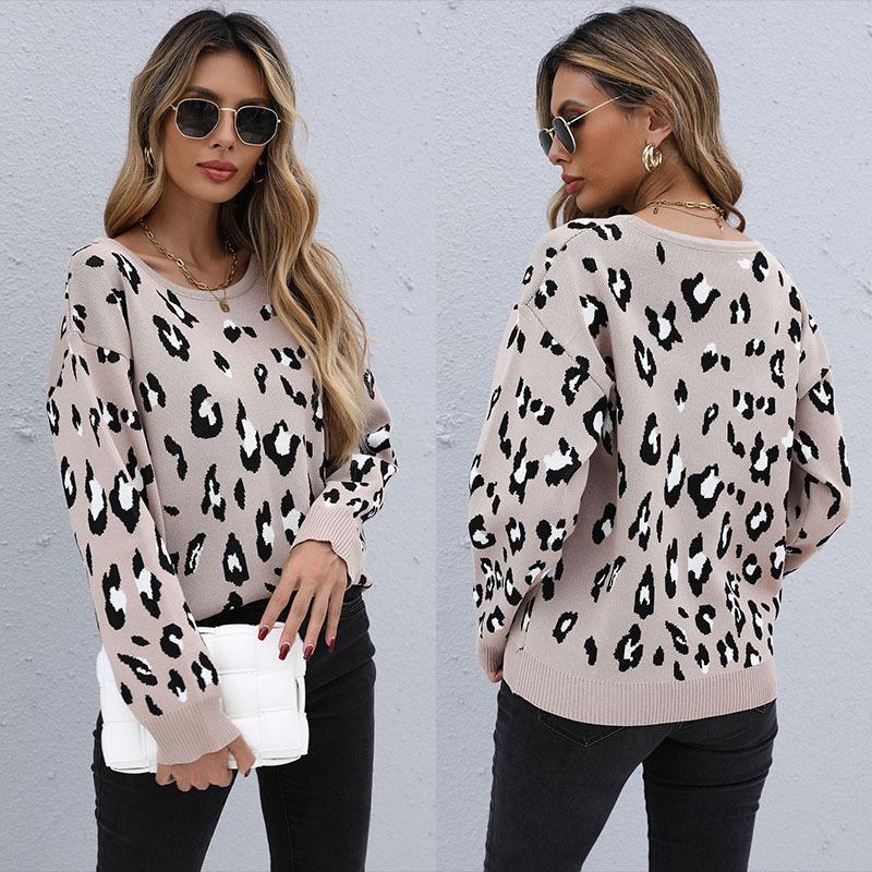 Women's Crew Neck Sweater, Leopard Print for Fall and Winter