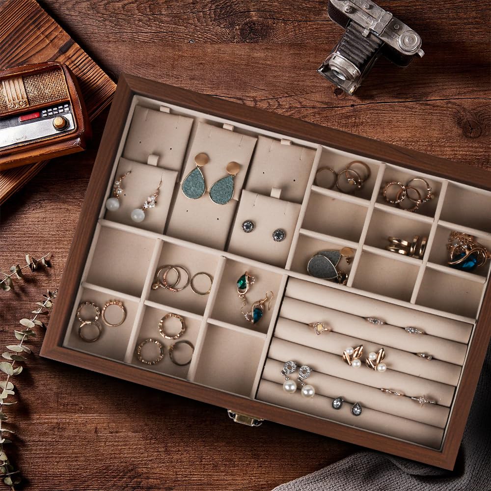 Baskiss Wooden Jewelry Storage Large Capacity Accessory for Storing Dresser Top Box, Case, Displayable, Dustproof, Necklaces, Rings, Earrings, etc.,