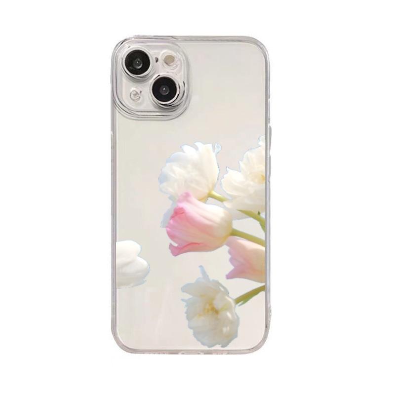 Simple pink and white tulip Apple 17pm mobile phone case anti-drop protective case iPhone15pm transparent soft case light and thin