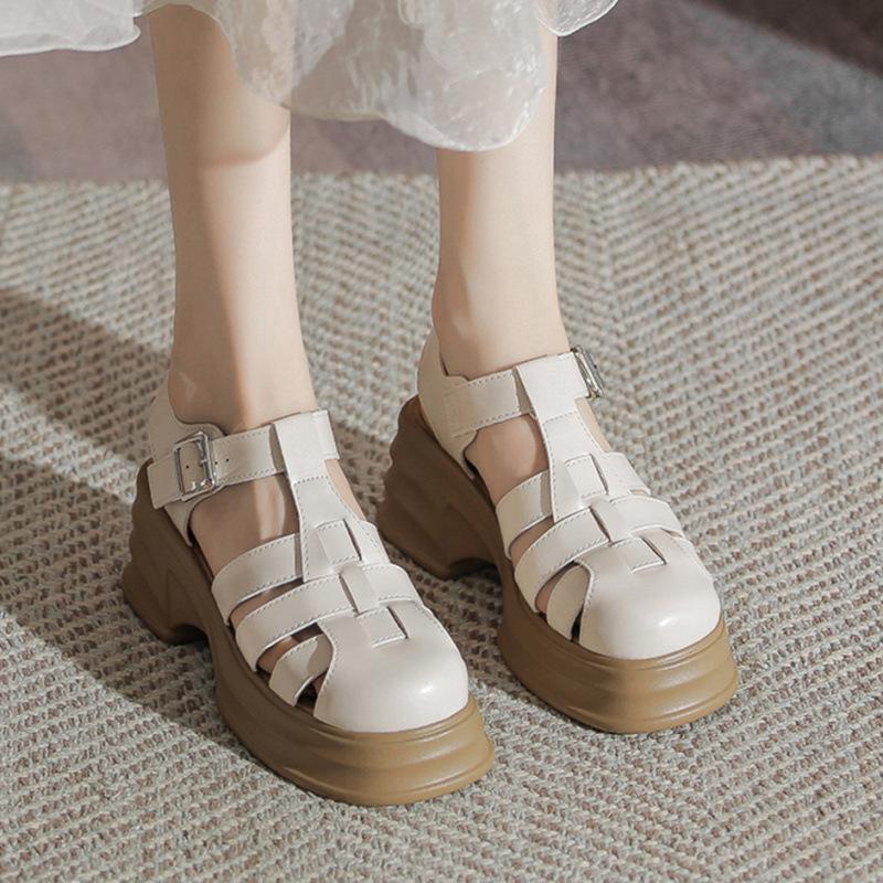 

Baotou sandals women s new muffin women s shoes thick heel high heel retro hollow woven pig cage shoes 34 абрикосовий