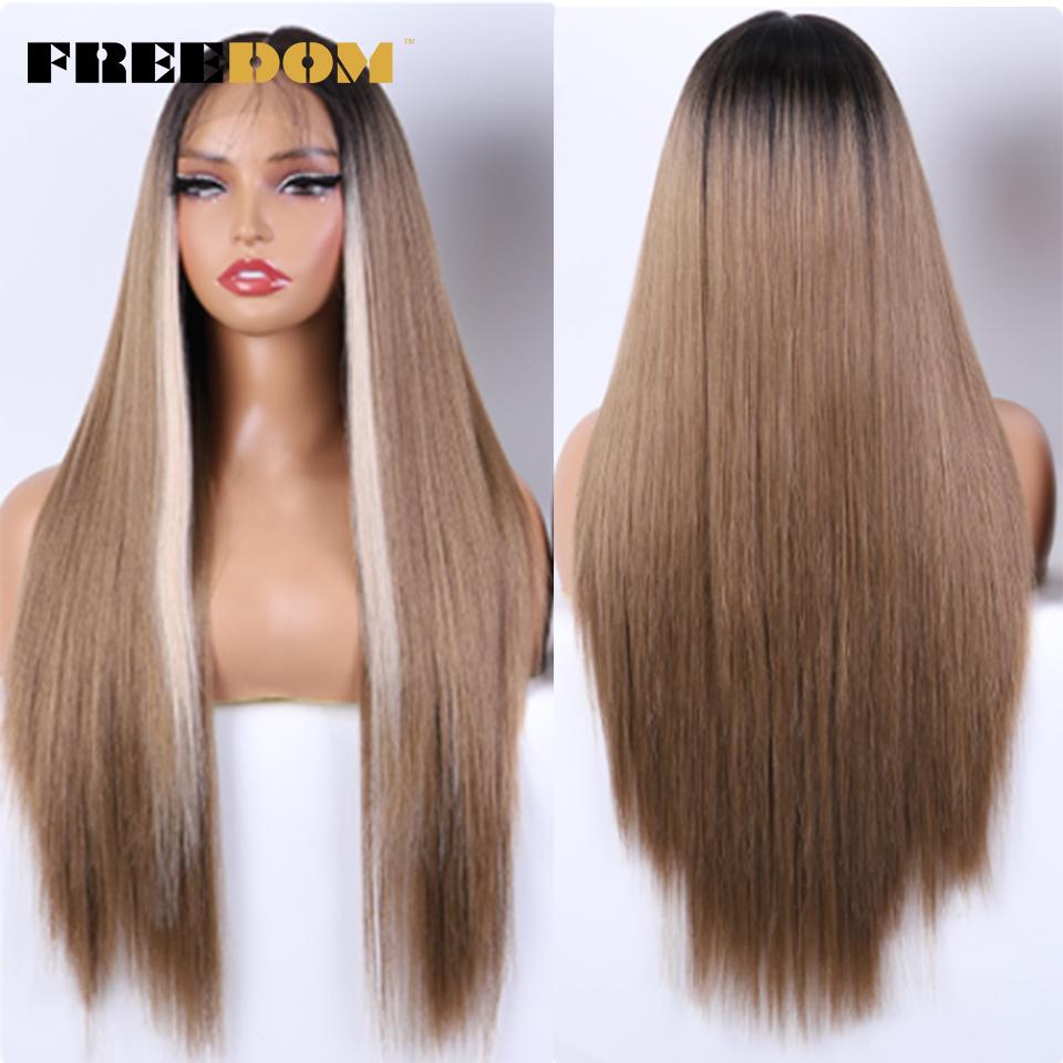 

FREEDOM Synthetic Lace Front Wigs For Women Long Straight 30 13x7 Free Part Lace Frontal Wig Ombre Brown Blonde Cosplay Wigs (as the picture,30inches&13*7)