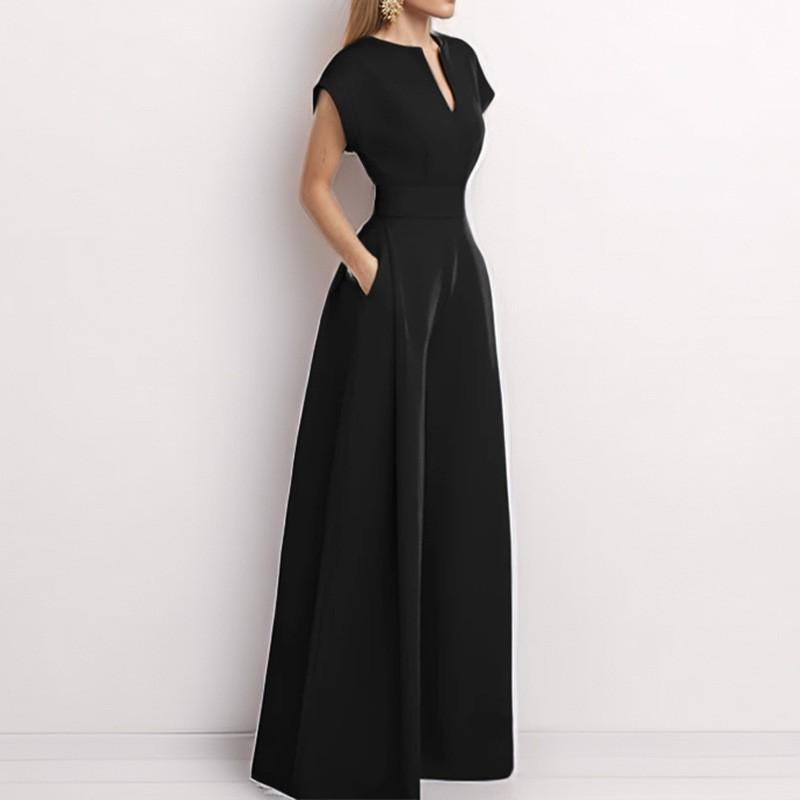 Women's Fashion Elegant Solid Color Loose V-Neck Short Sleeve Wide Leg Jumpsuit