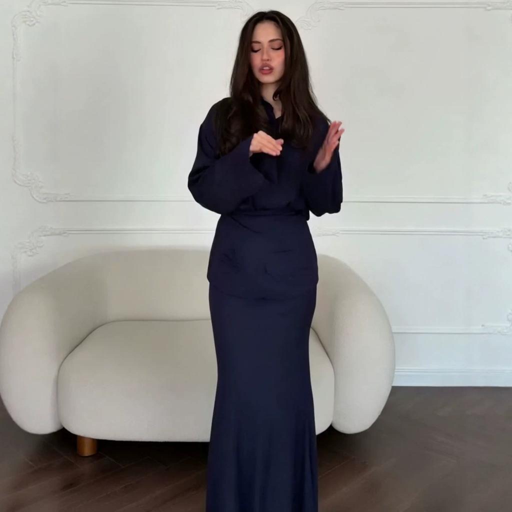 Autumn New European, American Amazon Cross-border V-neck Shirt Ruffle Edge Top Fishtail Skirt Set